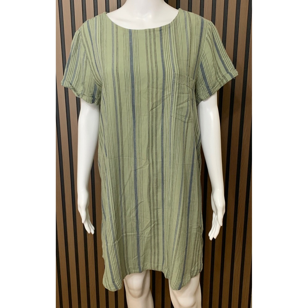 Cloth & Stone Women's Linen Blend Striped Shift Dress Sage Green Button Back L